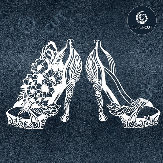Paper cutting template - High heels shoes with flowers.  - SVG PNG DXF files for cutting machines: Cricut, Silhouette Cameo, Glowforge, CNC machines