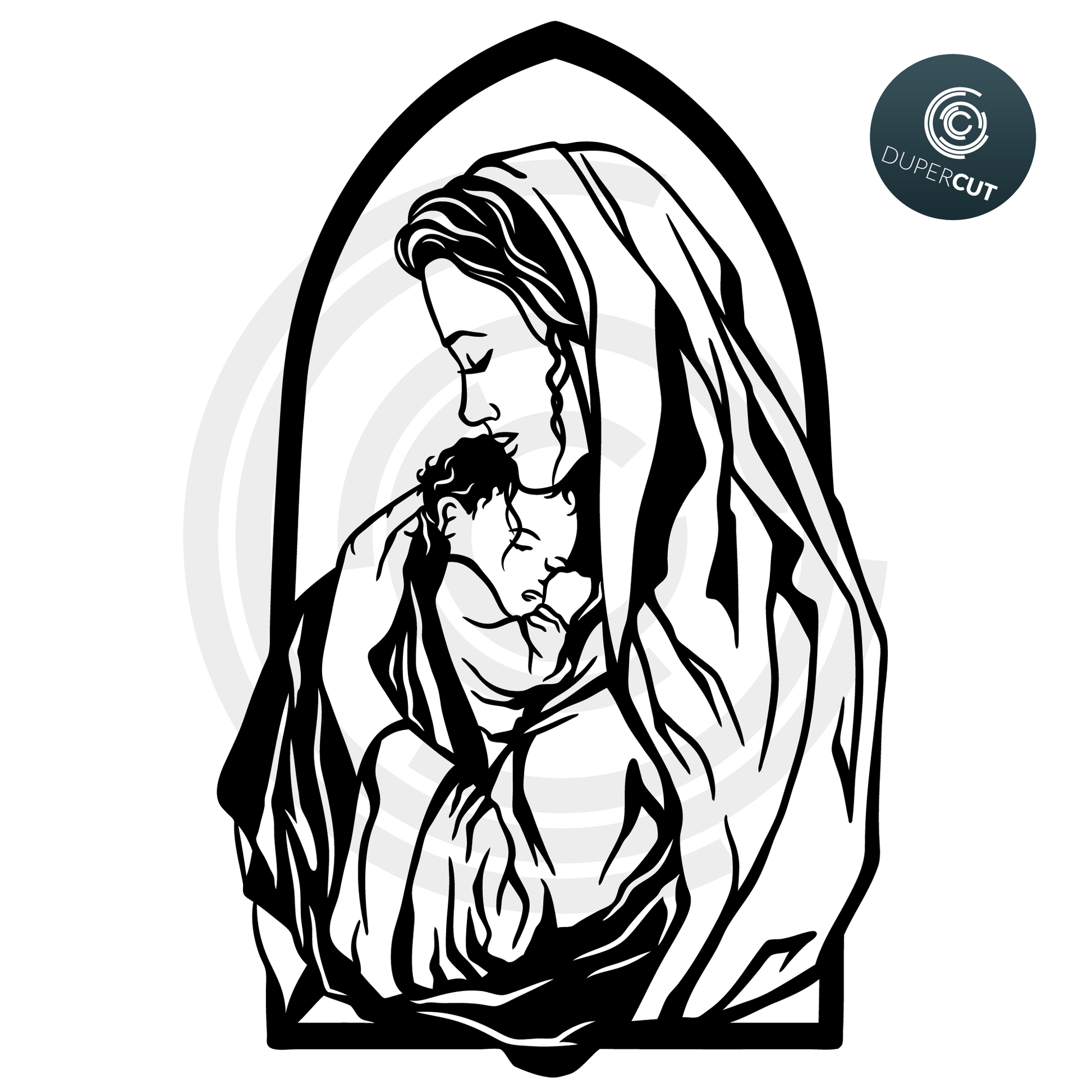 Holy Mary with baby Jesus. Nativity scene. SVG JPEG DXF files, Paper cutting template for cutting crafts, laser, sublimation, vinyl, print on demand
