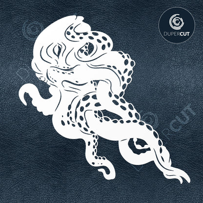 Octopus art illustration silhouette. SVG JPEG DXF files. Template for paper cutting, laser, print on demand. For use with Cricut, Glowforge, Silhouette Cameo, CNC machines. Personal or commercial license.