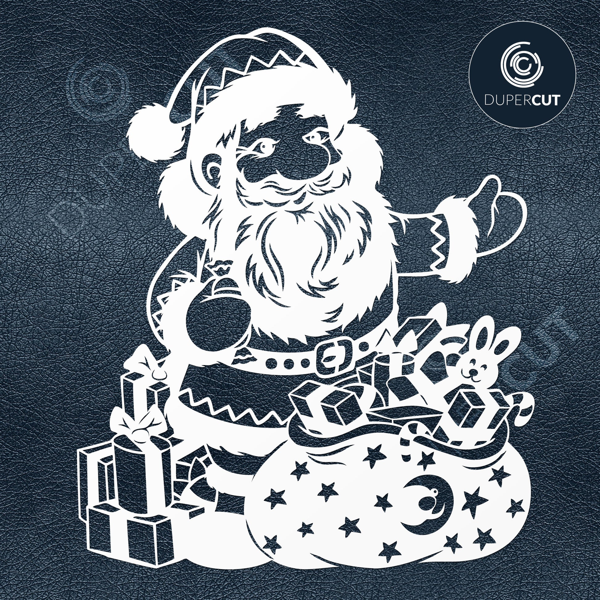 Santa Claus with gifts, printable vinyl scroll saw template. SVG PNG DXF cutting files for Cricut, Silhouette, Glowforge, print on demand, sublimation templates