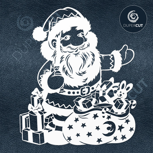 Santa Claus with gifts, printable vinyl scroll saw template. SVG PNG DXF cutting files for Cricut, Silhouette, Glowforge, print on demand, sublimation templates