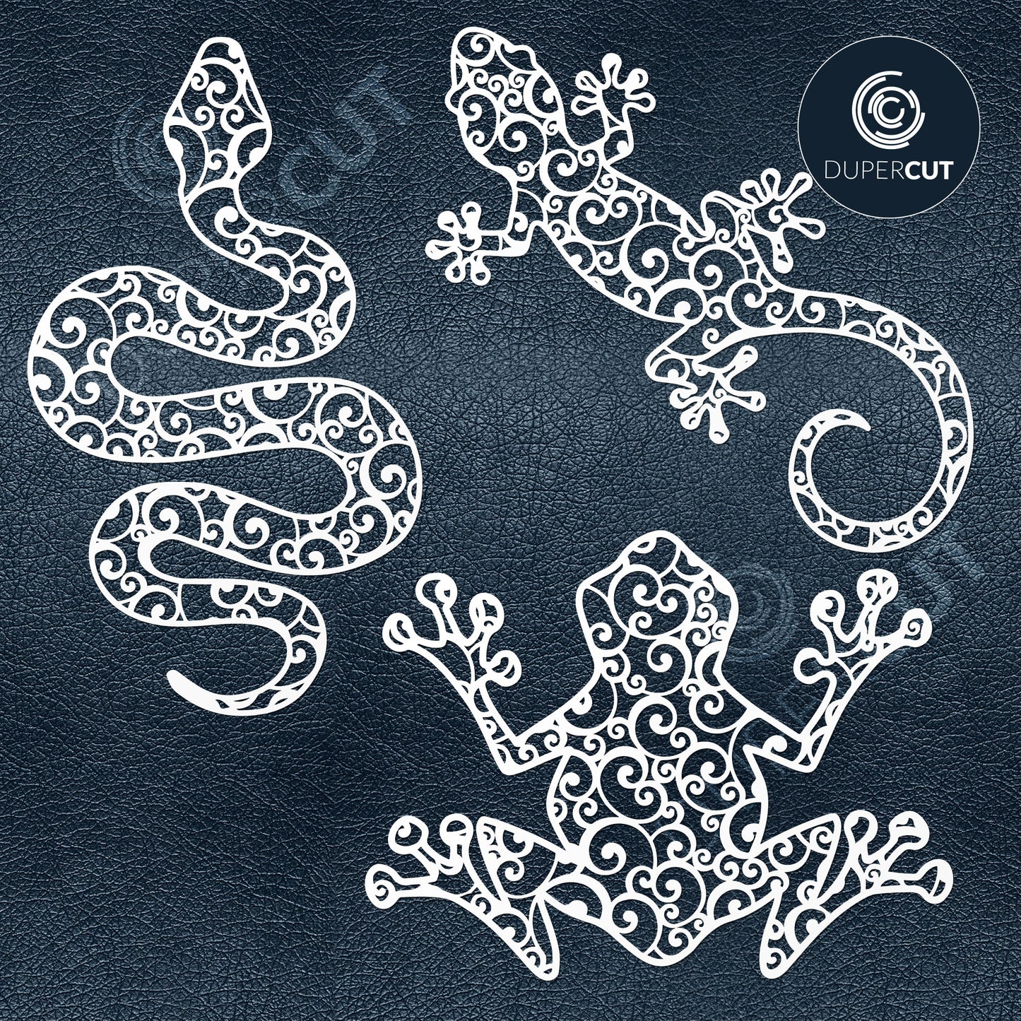 Paper cutting template - Decorative snake, frog, gecko