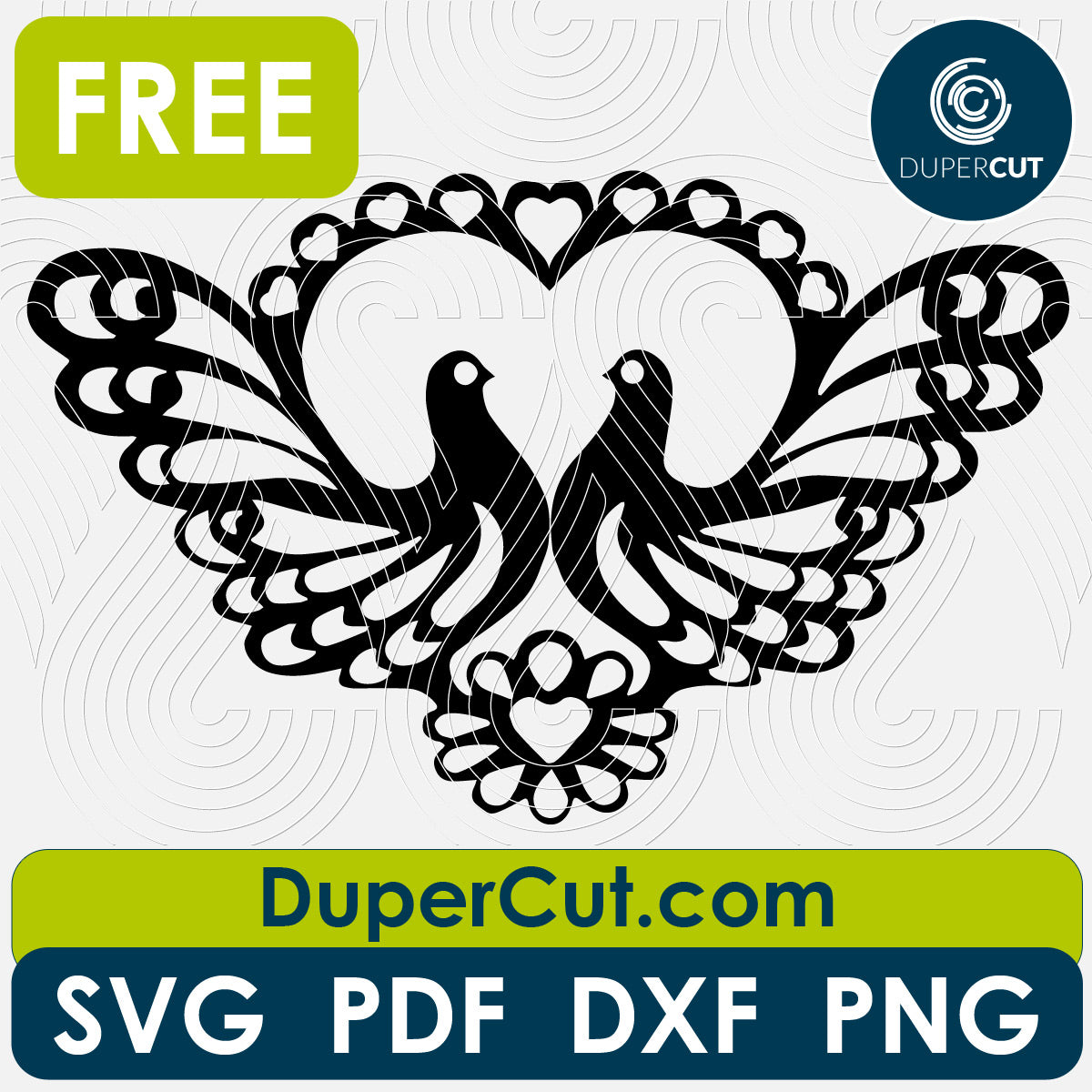 Doves couple wedding cake topper, FREE cutting template SVG PNG DXF files for Glowforge, Cricut, Silhouette, CNC laser router by DuperCut.com