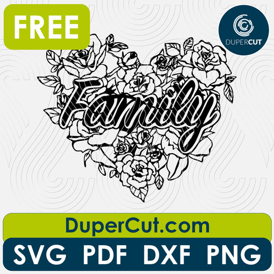 Family floral heart free cutting template SVG PNG DXF files for Glowforge, Cricut, Silhouette, CNC laser router by CleanCutFiles.com