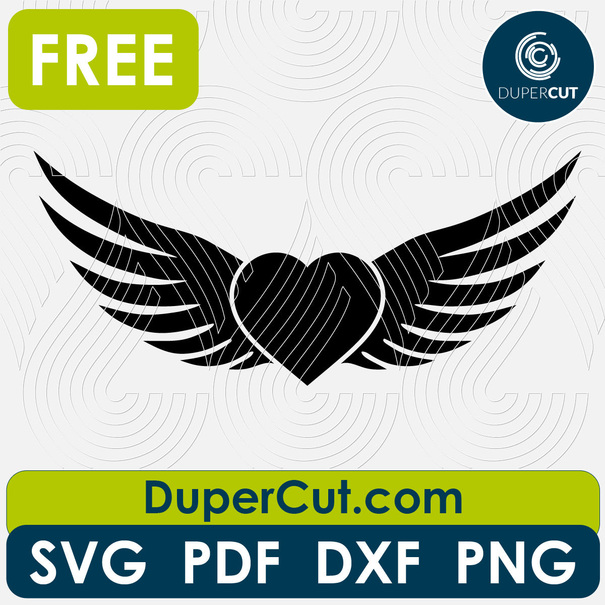 Winged heart shape free cutting template SVG PNG DXF files for Glowforge, Cricut, Silhouette, CNC laser router by DuperCut.com