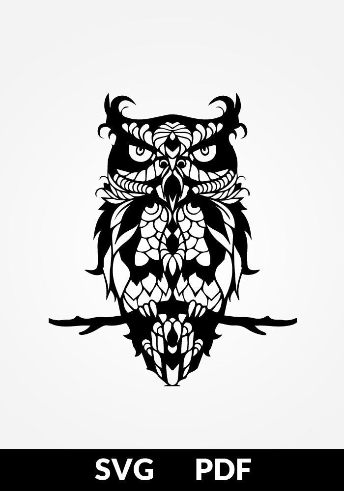 Decorative black owl, tribal design. Paper cutting template SVG PNG DXF files. For DIY projects Cricut, Glowforge, Silhouette Cameo, CNC Machines.