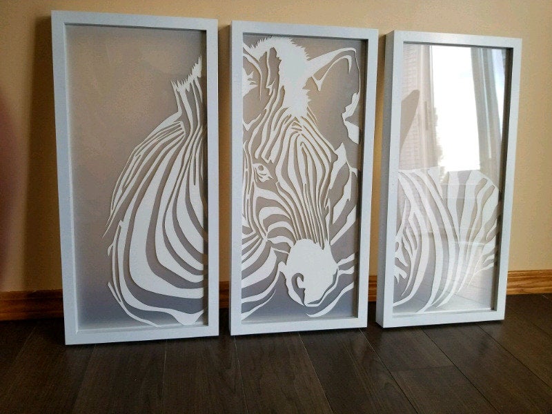 Three panel zebra wall art, vector  template - SVG DXF PNG files for Cricut, Glowforge, Silhouette Cameo, CNC Machines