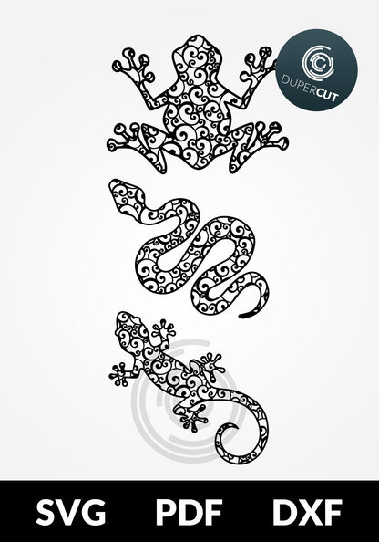 Paper cutting template - swirly snake, gecko, frog