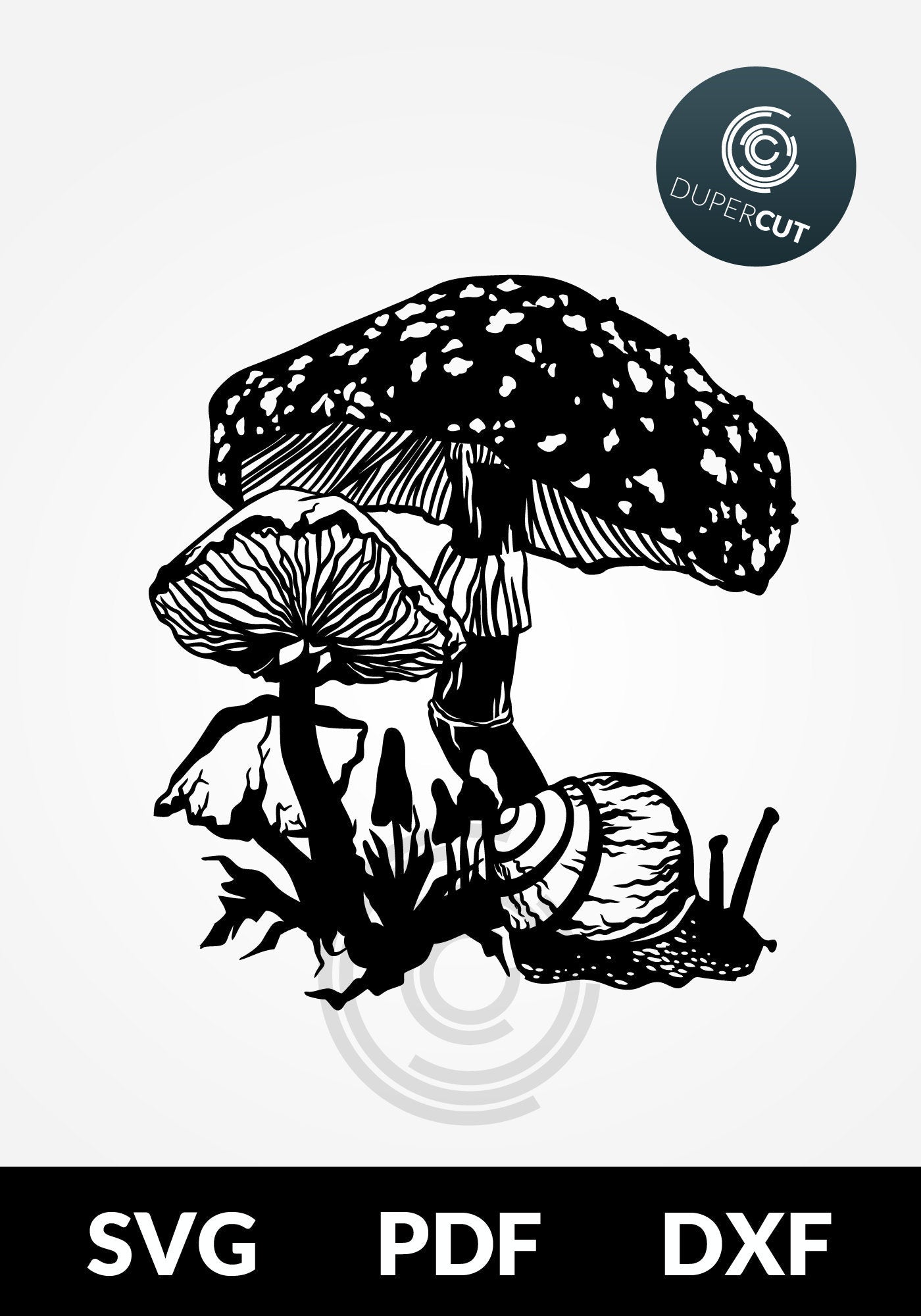 Mushrooms black and white Illustration SVG JPEG DXF files. Template for paper cutting, laser, print on demand. For use with Cricut, Glowforge, Silhouette Cameo, CNC machines. Personal or commercial license.