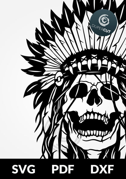 Skull in headdress, indian feathers, steampunk desgin. SVG PNG DXF cutting files for Cricut, Silhouette, Glowforge, print on demand, sublimation templates