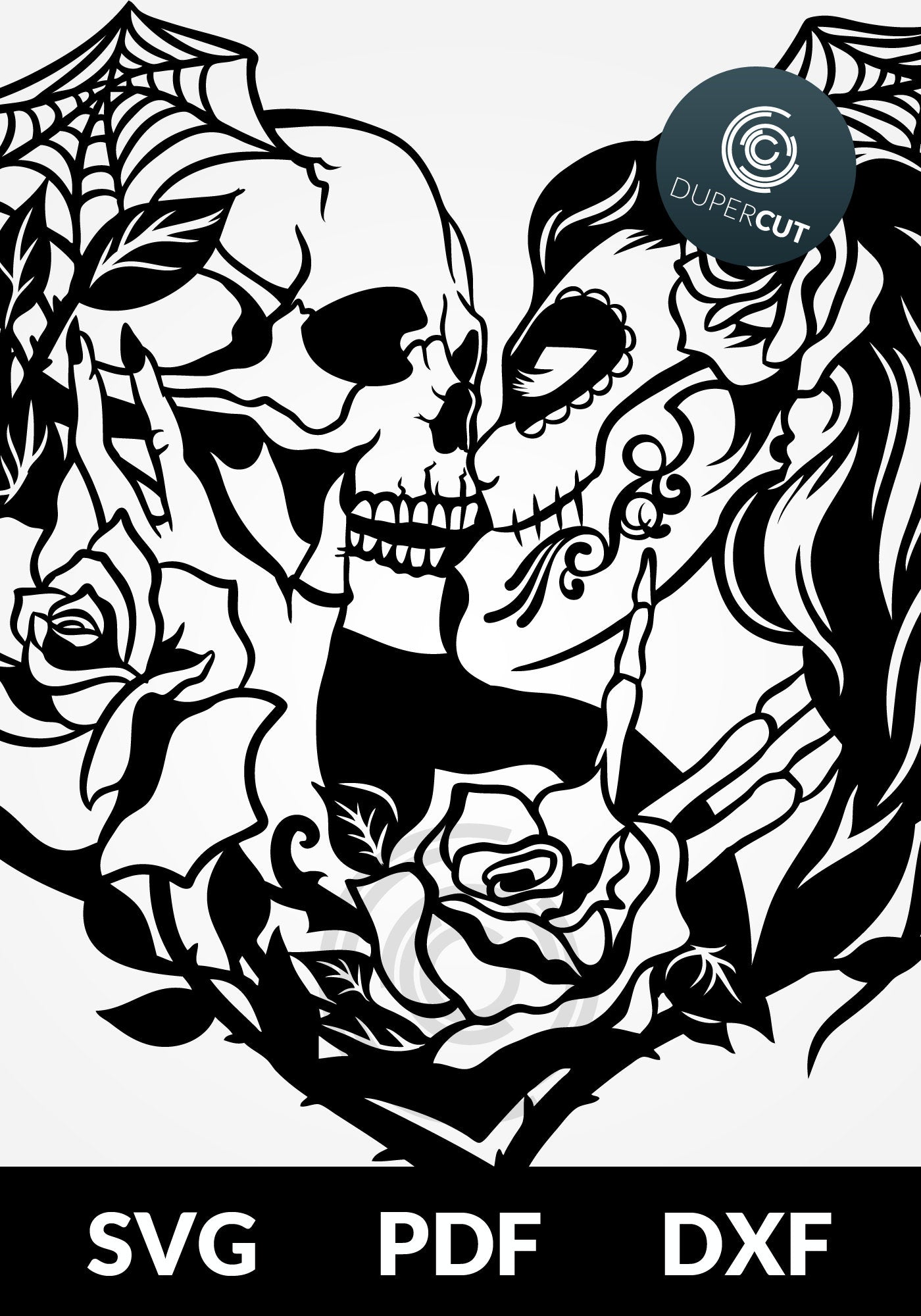 Sugar skull couple, gothic tattoo illustration. SVG PNG DXF files Paper cutting template for personal or commercial use. Vinyl template cutting files for Cricut, Glowforge, Silhouette, CNC