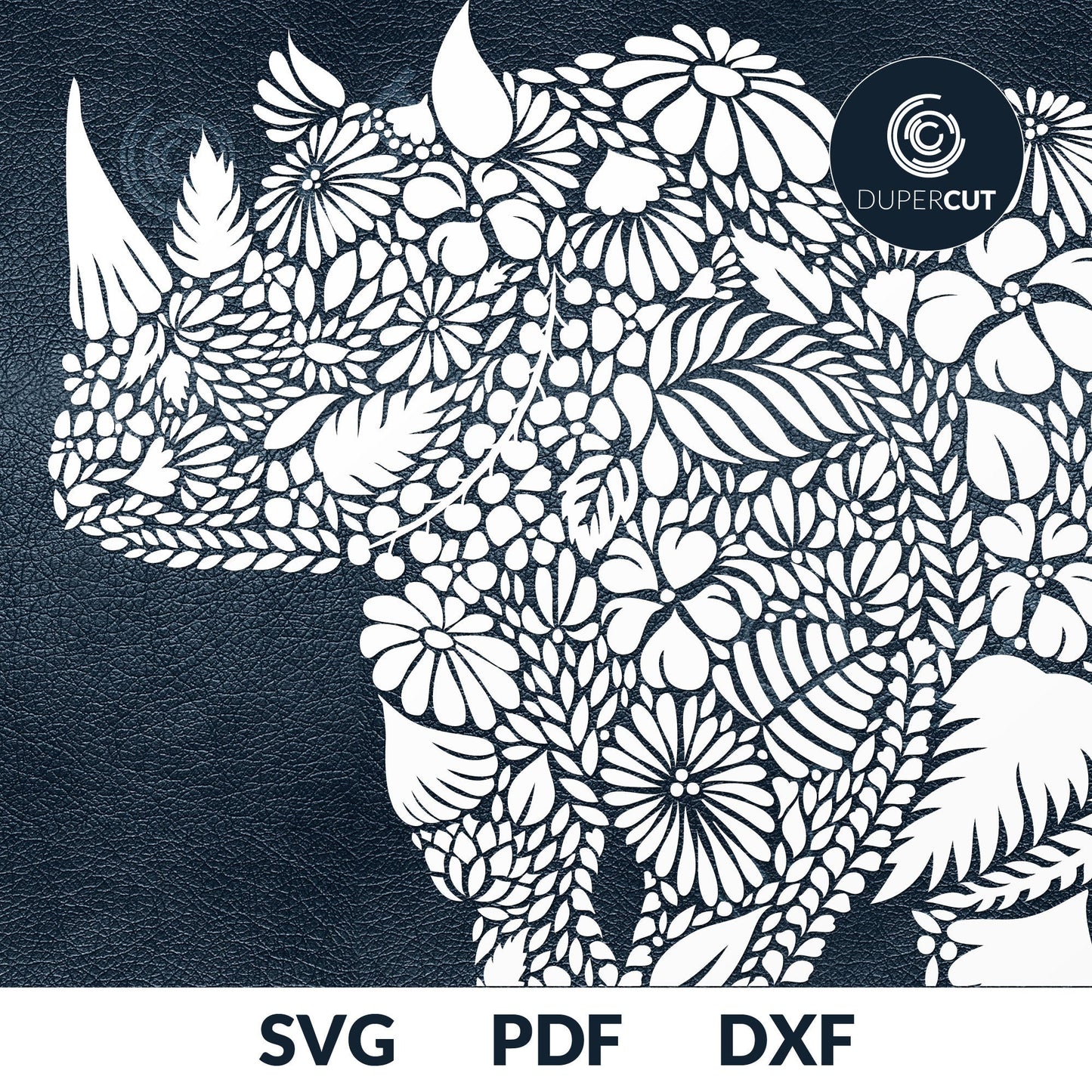 Floral rhynoceros animal, decorative project. SVG PNG DXF cutting files for Cricut, Silhouette, Glowforge, print on demand, sublimation templates