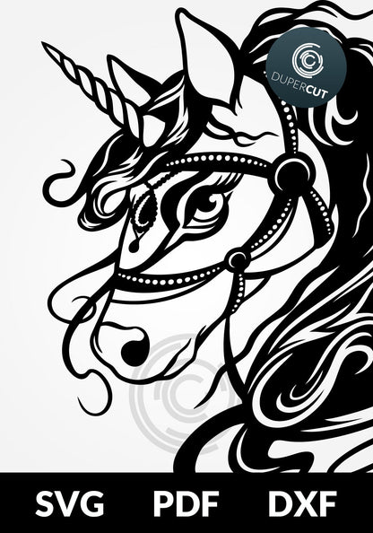 SVG PNG DXF unicorn black and white - paper cutting template, print on demand files, for Cricut, Grlowforge, Silhouette