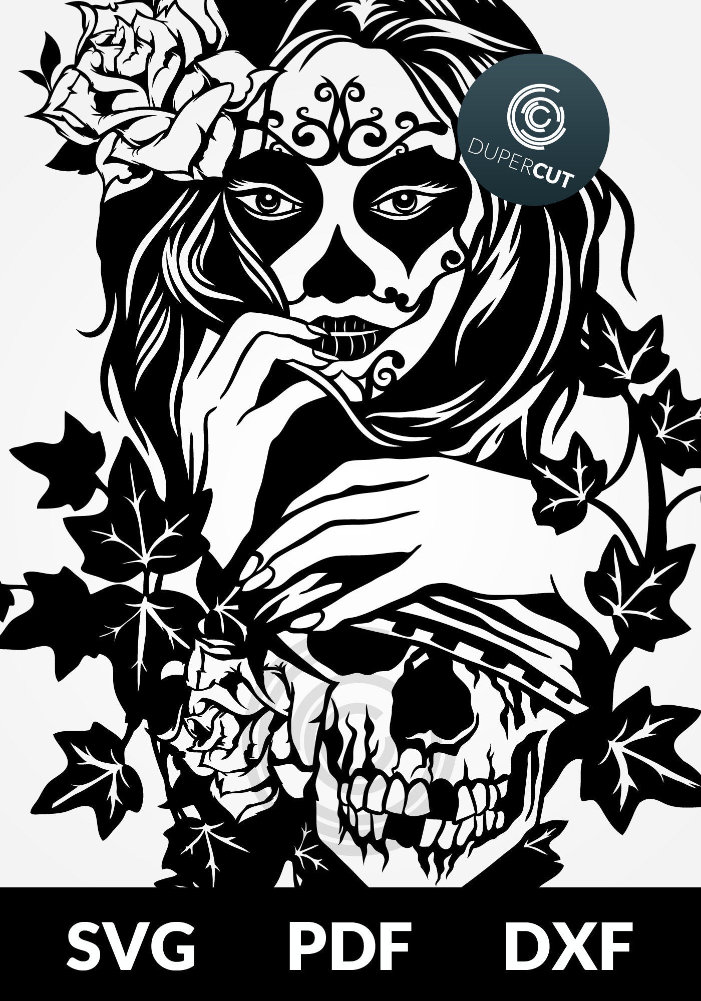 Female sugar skull, black line art, commercial use template - SVG DXF PNG files for Cricut, Glowforge, Silhouette Cameo, CNC Machines