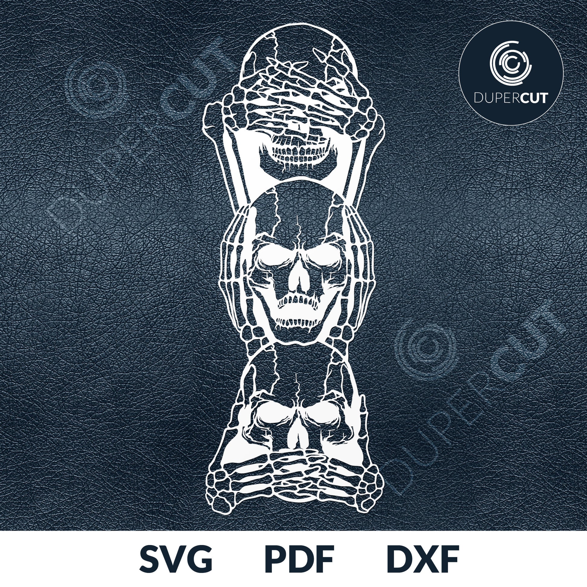 Thre wise skulls no evil. SVG JPEG DXF files. Template for paper cutting, laser, print on demand. For use with Cricut, Glowforge, Silhouette Cameo, CNC machines. Personal or commercial license.