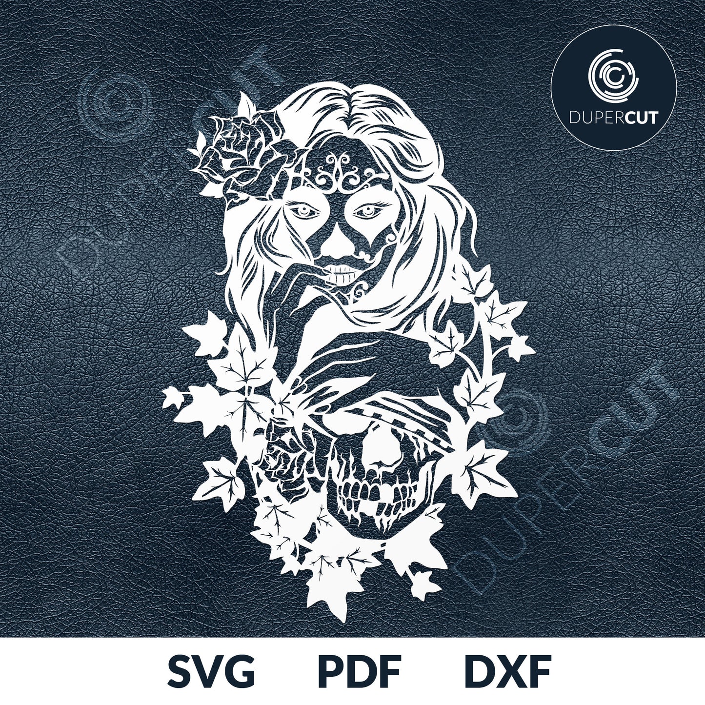 Woman sugar skull, detailed tattoo style illustration, cutting  template - SVG DXF PNG files for Cricut, Glowforge, Silhouette Cameo, CNC Machines