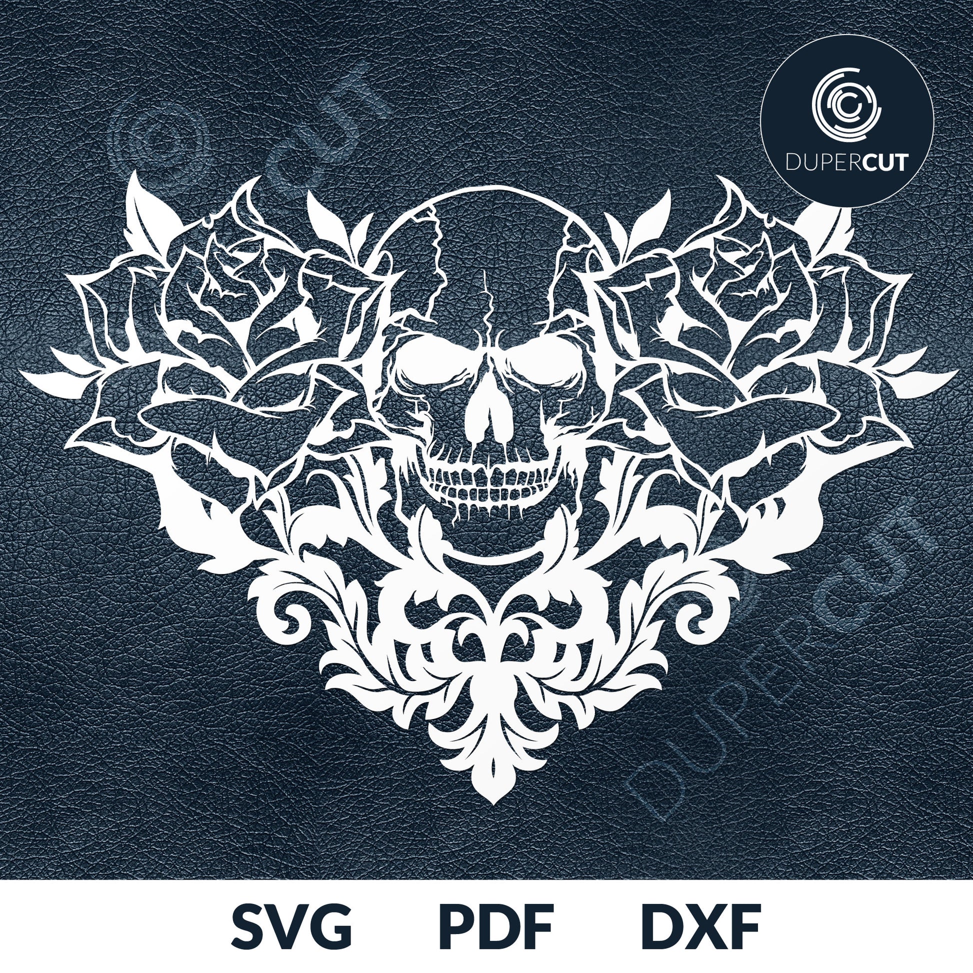 Paper cutting template - Skull with roses. Detailed gothic design. - SVG PNG DXF files for cutting machines: Cricut, Silhouette Cameo, Glowforge, CNC