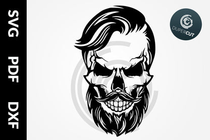 Skull with mustache and beard, line art. SVG PNG DXF cutting files for Cricut, Silhouette, Glowforge, print on demand, sublimation templates