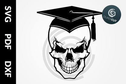 Skull in graduation hat, black line drawing. SVG PNG DXF cutting files for Cricut, Silhouette, Glowforge, print on demand, sublimation templates