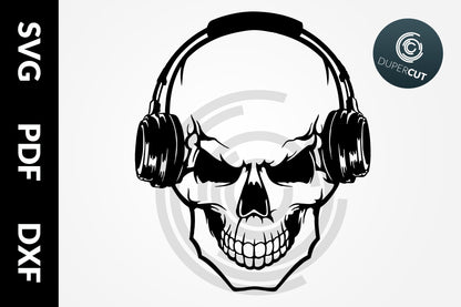 Skull with headphones, black line drawing. SVG PNG DXF cutting files for Cricut, Silhouette, Glowforge, print on demand, sublimation templates