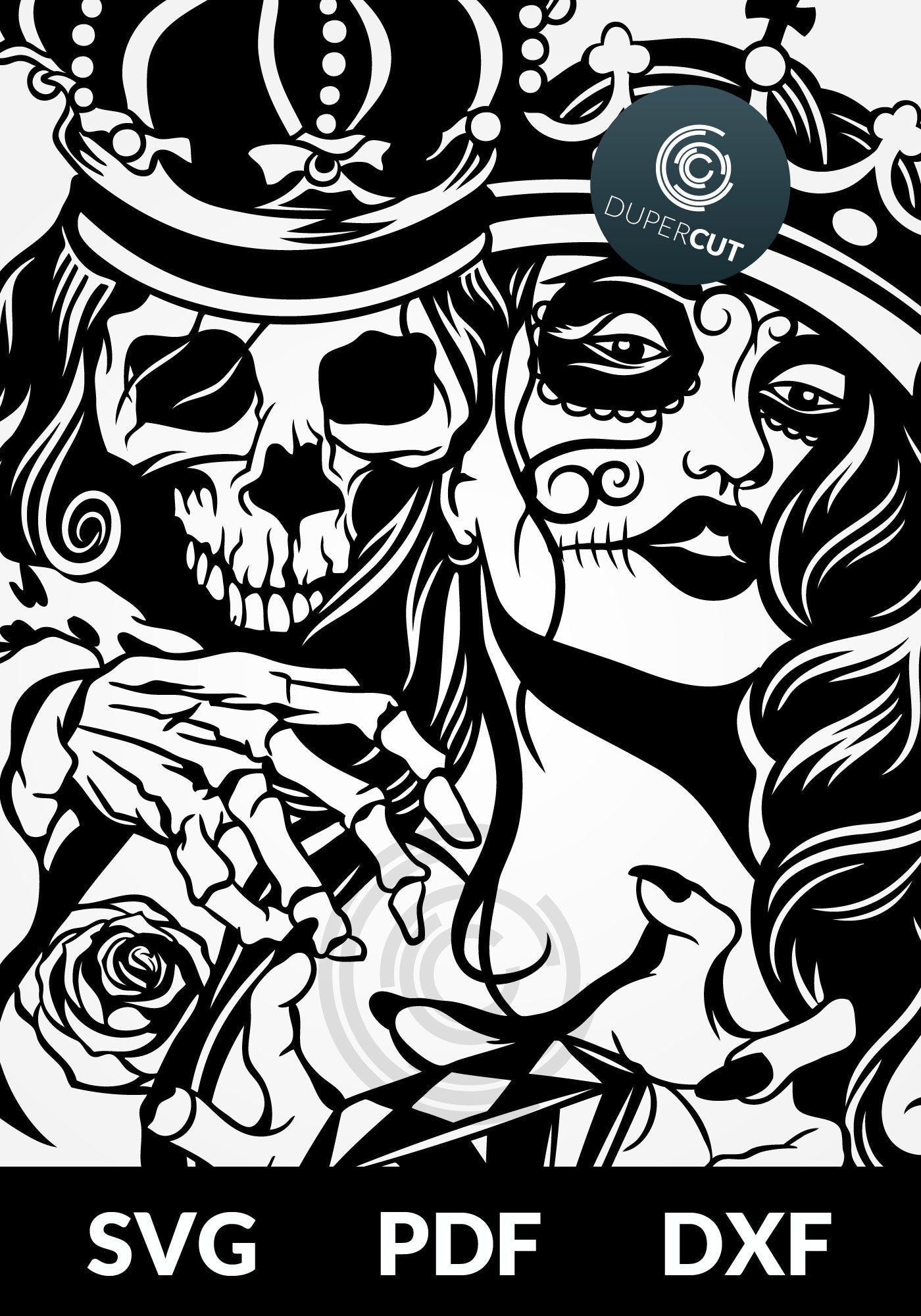 Sugar skull woman with skull king, tattoo vector line art. SVG PNG DXF cutting files for Cricut, Silhouette, Glowforge, print on demand, sublimation templates
