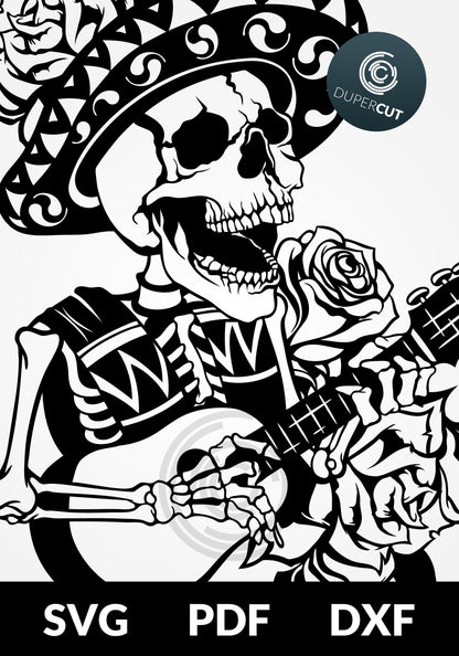 Skeleton in sombrero, black line art drawing, commercial license. SVG PNG DXF cutting files for Cricut, Silhouette, Glowforge, print on demand, sublimation templates