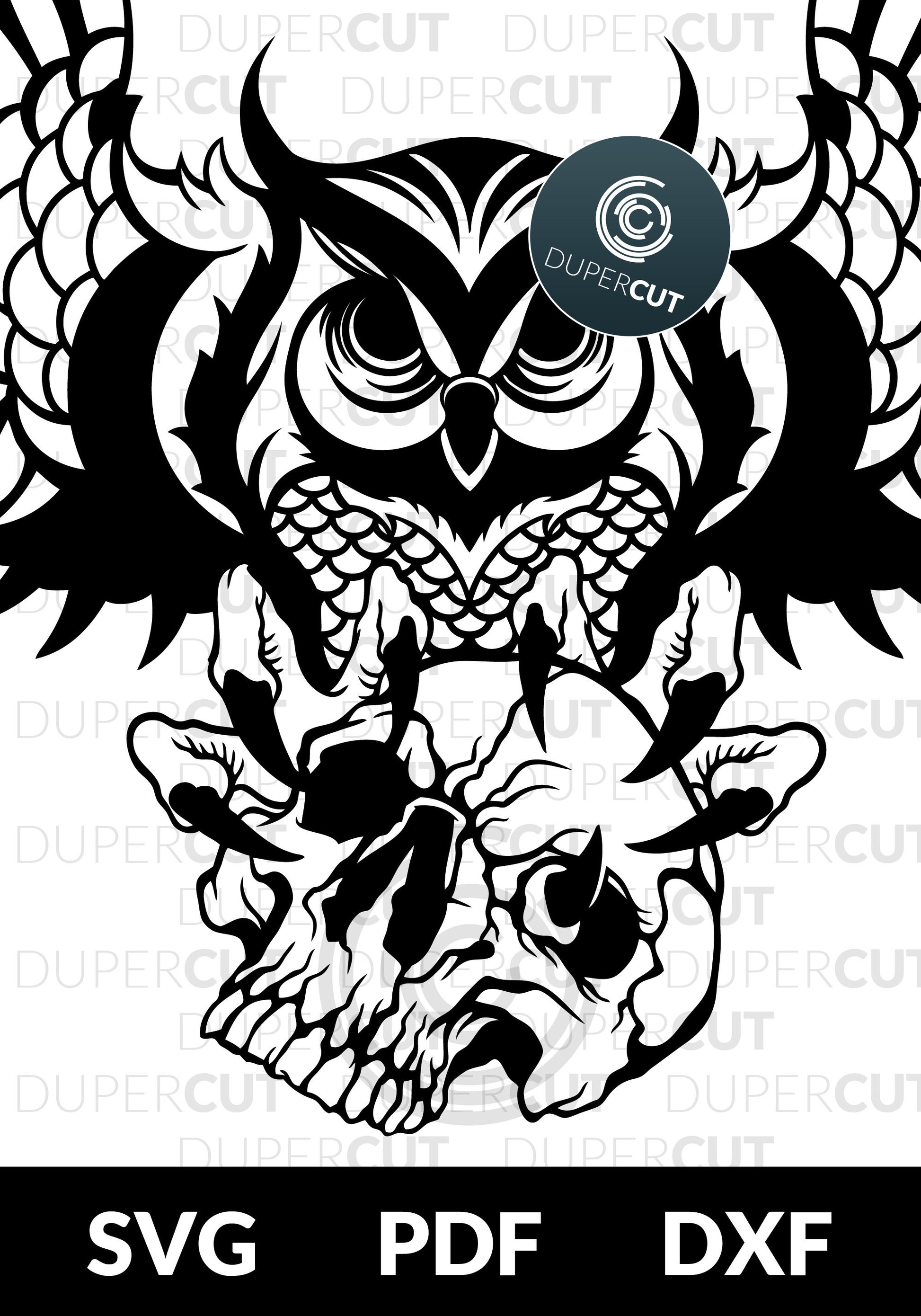 Gothic art owl with skull, tattoo style - SVG DXF JPEG files for CNC machines, laser cutting, Cricut, Silhouette Cameo, Glowforge engraving