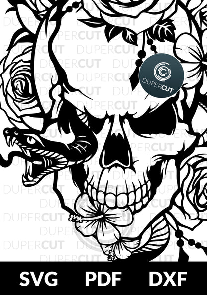Skull calavera with snake and roses, tattoo line drawing. SVG PNG DXF cutting files for Cricut, Silhouette, Glowforge, print on demand, sublimation templates