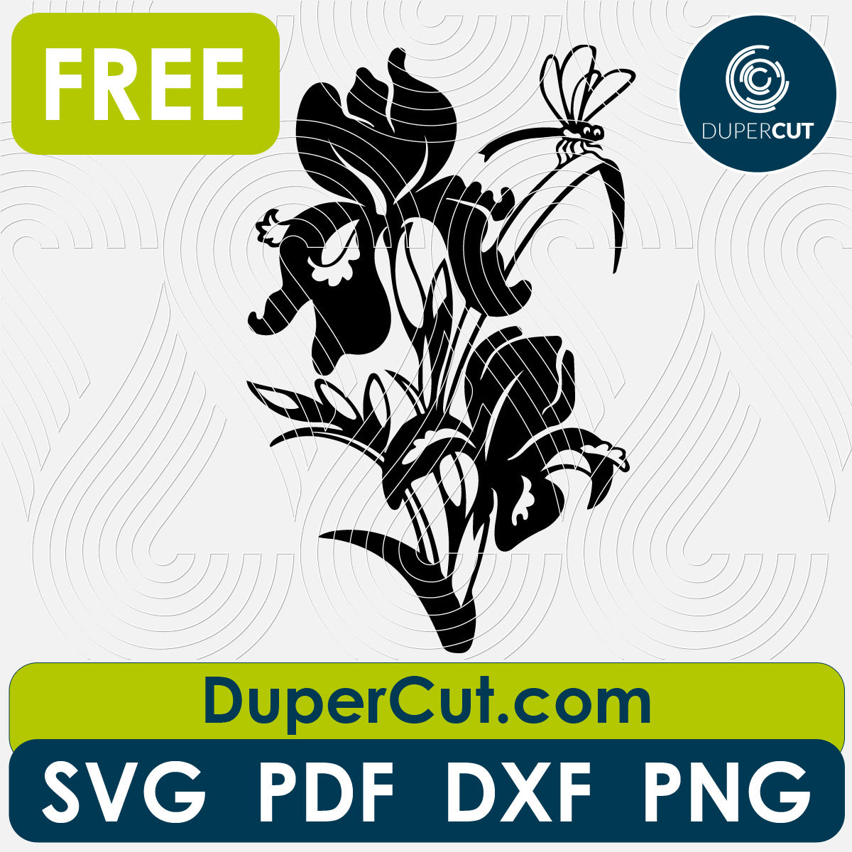 Iris Flower free cutting template SVG PNG DXF files for Glowforge, Cricut, Silhouette, CNC laser router by DuperCut.com