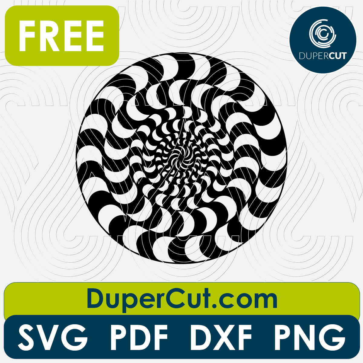 Optical illusion round hypnose pattern - free SVG PNG DXF vector files for laser and blade cutting machines. Glowforge, Cricut, Silhouette cameo templates by DuperCut.com